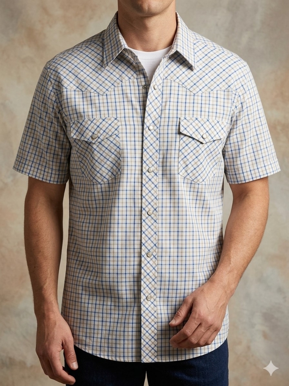 Wrangler Short-Sleeve Plaid Button-Down Shirt - Blue & Cream